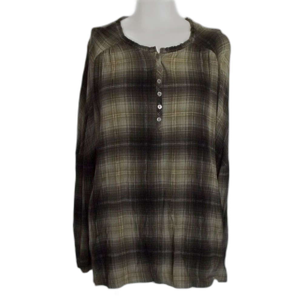 FRYE & CO Blouse, 2X, Green/Black Plaid, long sleeves, Pullover/Buttons, Rayon - Picture 9 of 11